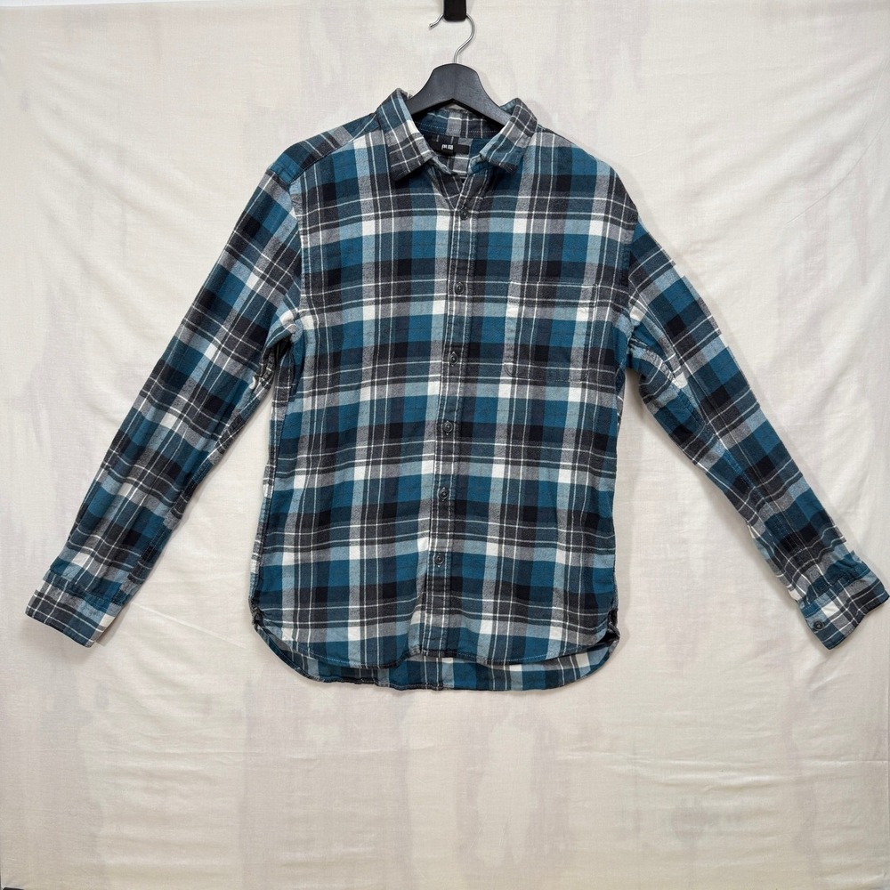 Uniqlo Flannel Button Down Shirt Mens M Teal Blue Black‎ Plaid Cotton